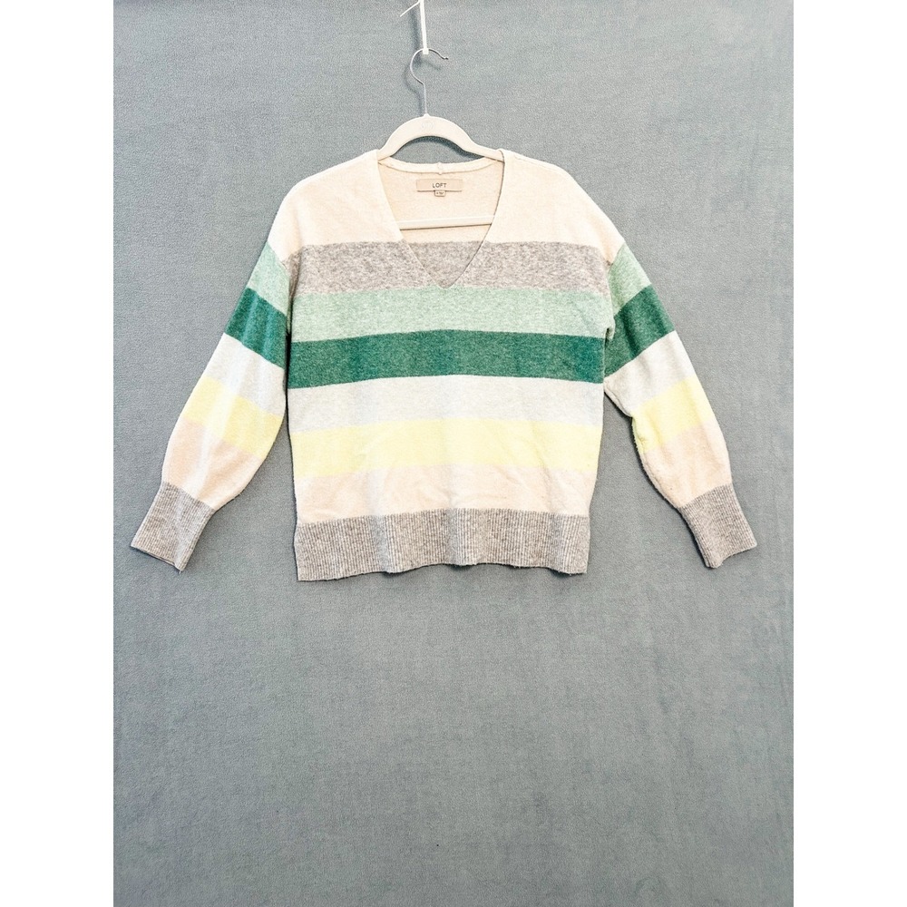 Loft Womens V-Neck Striped Sweater Green Yellow Grey Wool Blend Size M